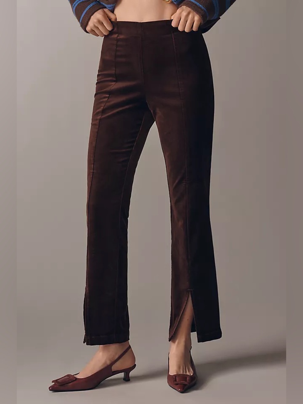 Anthropologie MAEVE HIGH-RISE SPLIT-FRONT VELVET SKINNY PANTS Fudgy Brownie